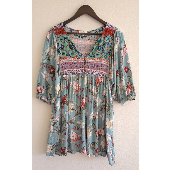 Umgee Tops - Umgee Boho Floral Babydoll Tunic Top Blue Mixed Print Puff Sleeve Pockets M
